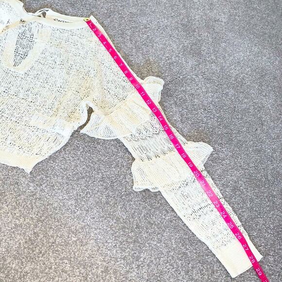 ANTHROPOLOGIE Womens Sweater Size XS Cream Sheer Open-Stitch Ruffle Coquette - Picture 10 of 12